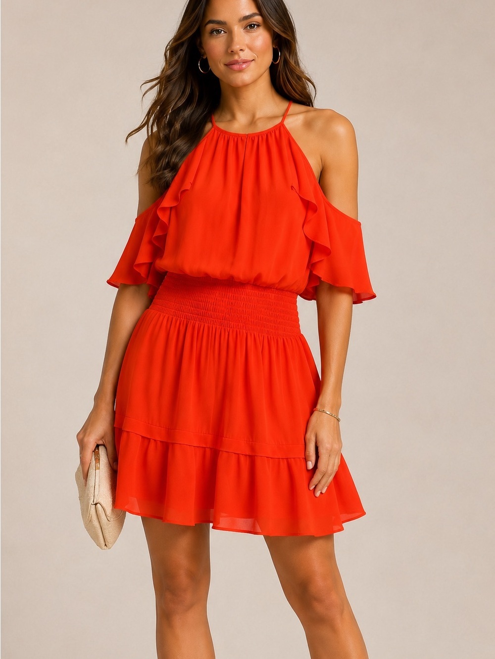 Parker NWT Red Orange Ruffle Cold Shoulder Mini Dress XS